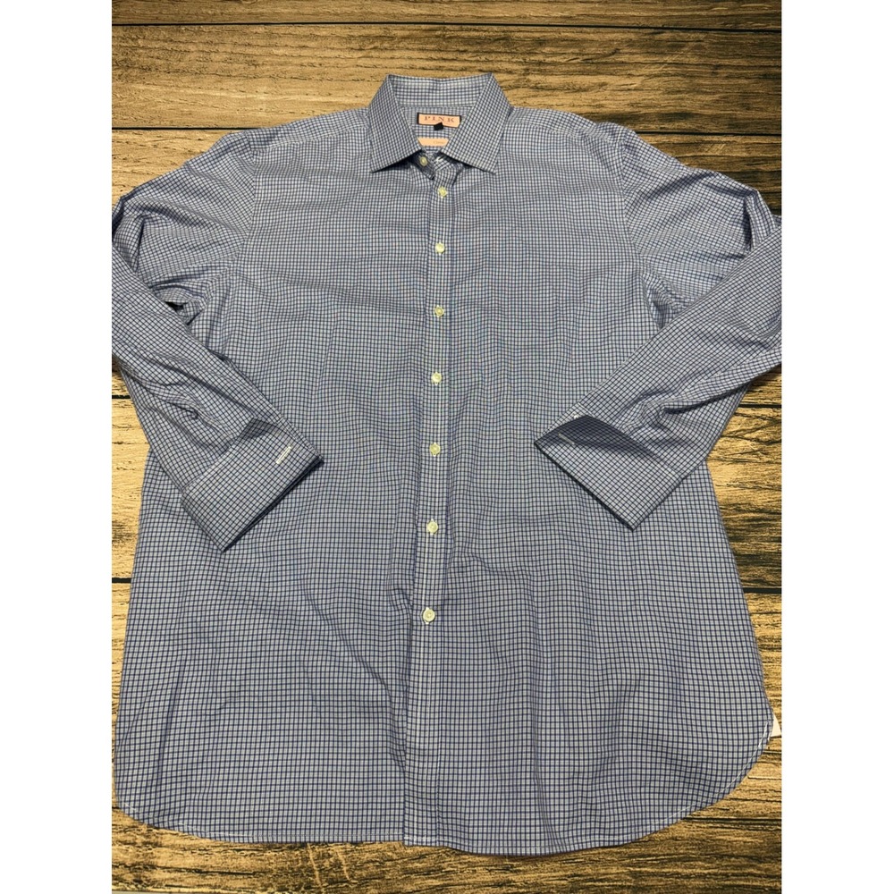Thomas Pink Dress Shirt Mens 18 37 Blue White Micro Check Classic Fit L/S
